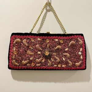 Vintage 50s Black Velvet Handbag/Purse/Clutch with Pink Brocade and Beads